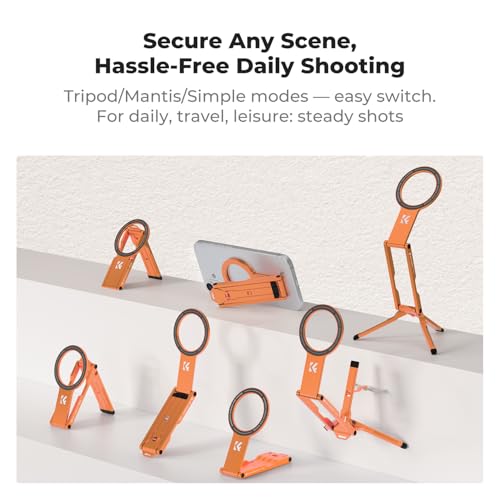 K&F CONCEPT PT02 7mm 59g Magnetic Phone Stand, Foldable Selfie Stick for iPhone, Dual-Sided Magnets Mini Tripod Pocket Cell Phone Stand with Hook, Compatible with iPhone 17-12 Series Android Phones - color: Orange
