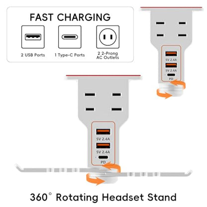 Gaming Headphone Stand with Charging Station - Aluminum Hooks Headphone Holder, Under Desk Headset Stand, 3 USB & AC Outlet, Surge Protector & Cable Organizer, Gift for Girl/Men - color: White