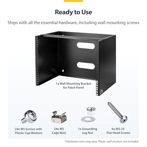 StarTech 8U 19in Wall-Mount Patch Panel Bracket, 13.75in, 80lb (WALLMOUNT8) | Low-profile shallow bracket, M6 screws and cage nuts, Ships assembled, Installs onto 16in studs - size: 8U