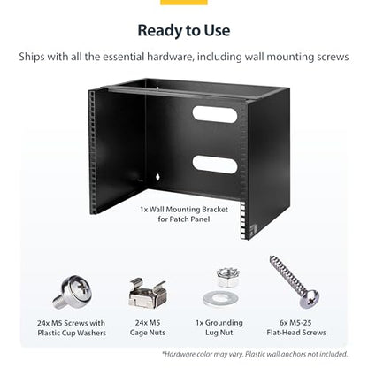 StarTech 8U 19in Wall-Mount Patch Panel Bracket, 13.75in, 80lb (WALLMOUNT8) | Low-profile shallow bracket, M6 screws and cage nuts, Ships assembled, Installs onto 16in studs - size: 8U