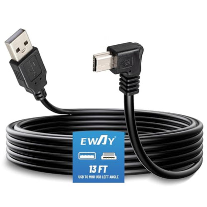 EWAY Mini USB Dash Cam Power Cable 13ft, for Rexing V1 Pro V5 V3 Byakov S6 Rove R2-4K Dashcam Dashboard Camera Recorder, USB 2.0 A to 90 Degree Left Angle Mini-B Charging Cord Car Charger Adapter