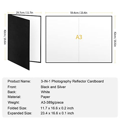 Meking 3 in 1 Photography Reflector Cardboard, 17"x12"/42x30cm A3 Folding Light Diffuser Board for Still Life, Product and Food Photo Shooting - Black, Silver and White - size: 1Pcs A3 Black Silver White