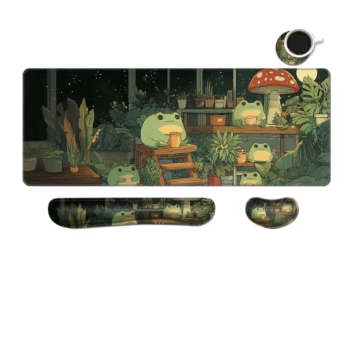 Desk Mat, Large Gaming Mouse Pad with Wrist Rest, 4 in1 XXL Mouse pad+Keyboard Wrist Rest+Mouse Pad Wrist Support+Cup Coaster Set, Ergonomic Desk Pad for Home Office,Cute Frog - color: 91