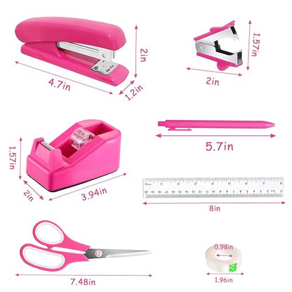 Dimonluce Hot Pink Desk Accessories, Hot Pink Office Supplies Accessories with Tape Dispenser, Stapler, Staple Remover, 1000 Staples, Tape, Clips Set, Ruler, Scissor, Pen - color: Hot Pink