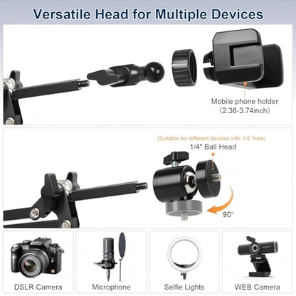 Overhead Camera Mount,Camera Desk Mount with 360° Adjustable Arm and Phone Holder,Max Load-Bearing 5lb,Desk Clamp Stand for Content Creation and Live Streaming,DSLR,Webcam,Mic,Ring Light