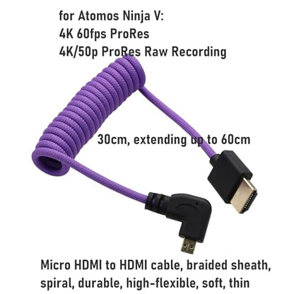 Right Angle Micro-HDMI to HDMI 8K Cable for ATOMOS Ninja V Shinobi, Sony ZV-E10 A7C A7R4 A6700, Canon R6II R5C R10, Lumix S5 S9 G100, Fujifilm X-T50, Purple Braided Coiled 30cm - color: Purple, size: Right Angle to Straight