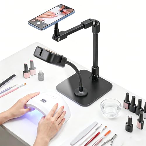 Overhead Phone Stand with Rechargeable Light, Adjustable Desk Smartphone Mount for Nail Art, Magnetic Holder for Cooking Videos, Content Creation, Filming, Live Streaming