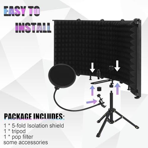 Microphone Isolation Shield, 5-Fold Adjustable Portable Reflection Filter with Tripod Stand & Pop Filter for Home Studio, Podcasting, Streaming, Fits Most Condenser Microphones