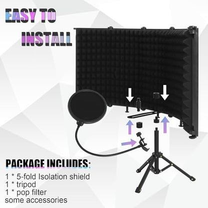 Microphone Isolation Shield, 5-Fold Adjustable Portable Reflection Filter with Tripod Stand & Pop Filter for Home Studio, Podcasting, Streaming, Fits Most Condenser Microphones