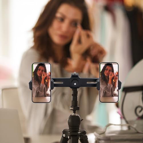 Dual Phone Holder Phone Tripod Mount Adapter, Universal 360° Rotation Adjustable Clip Stand for Vlog Live Streaming Video Recording, Compatible with 1/4'' Screws, Black - style: Dual Phone Holder