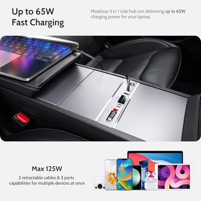 125W Max Retractable USB Hub, Tesla New Model Y Juniper (2026/2025) Accessories, Super Fast Charger Up 65W for MacBook Pro/Air/iPhone 16/15/Samsung Series, 5 in 1 Docking Station - style: Tesla New Model Y Juniper (2026/2025)