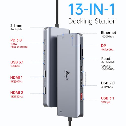 LIONWEI Laptop Docking Station 13 in 1 - Dual HDMI+DisplayPort+10Gbps, 6 USB C/A, 100W PD, Ethernet, SD/TF, Audio, USB C Hub for MacBook/Dell/HP/Surface - color: 13 IN 1(2 HDMI+DisplayPort)