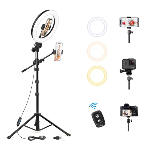 LUXSURE Ring Light with 62'' Tripod Stand for Video Recording, 10.5'' Ring Light Tripod for iPhone with 2 Shooting Positions, Overhead Phone Mount for YouTube, Makeup, Cooking