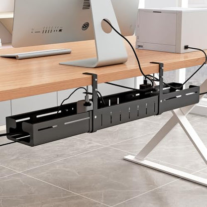 Under Desk Cable Management Tray, Expandable Length 25.2"-38.6",No Drill No Damage to Desk,Cable Tray with Clamp for with Wire Management,for Cord Organizer for Home Office Standing Desk, Black