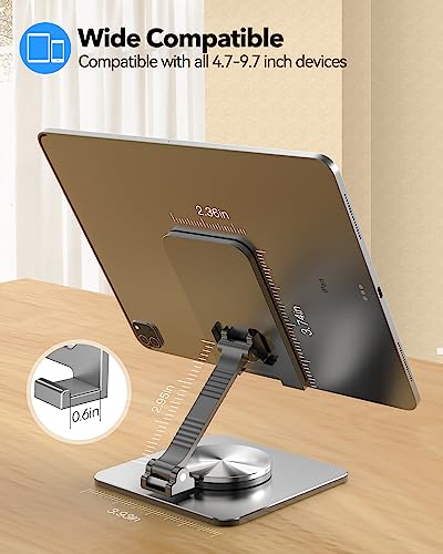 Adjustable Phone & Tablet Stand, Fits 4–9.7in Devices, Grey | 360° Viewing Flexibility • Reinforced Aluminum Build • Dual-Hinge Adjustment • Travel-Ready Storage - color: Grey