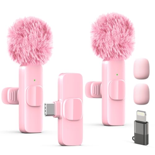 Wireless Lavalier Lapel Microphone for iPhone, iPad, mini Video Recording Mic for Interview Video Podcast Vlog YouTube & Livestream, Noise Reduction, Plug & Play (Pink Type C & Lightning Port) - style: Pink Type C & Lightning Port