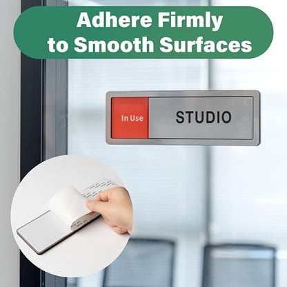 Studio Room Door Sign with Slider, Do Not Disturb Privacy Office Sign, In Use/Available Acrylic Sliding Indicator for Business Hospital Home, Brushed Silver 8" x 2.6" - style: STUDIO