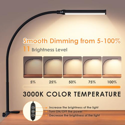 ShineTech LED Desk Lamp with Clamp, Clip On Desk Lamp for Home Office, 3000K Warm White & 11 Brightness Level, Flexible Gooseneck Architect Desk Light, Eye Caring Reading Lamp with USB Adapter - color: 3000K- Warm White
