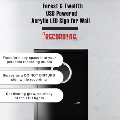 LED Acrylic Wall Recording Sign, Forest & Twelfth Recording Studio Lighted Sign for Professional Studio Setup, Podcast, Radio & More, USB Powered (Recording)