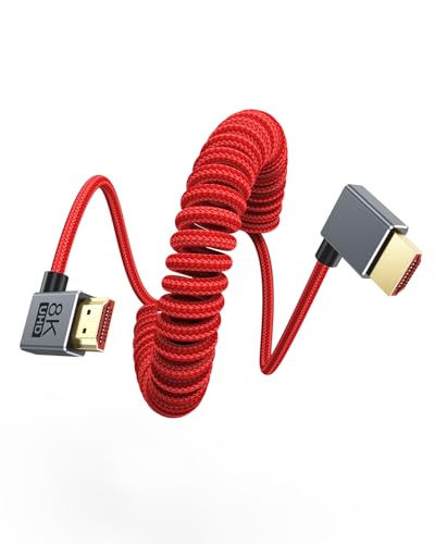 8K Short Coiled HDMI Cable, Right Angle 90 Degree HDMI 2.1 Camera Cable, 48Gbps 4K@240fps 8K@60fps HDR eARC VRR for for Sony FX30/A7S III, Canon C70, BMPCC 4K/6K, Atomos Ninja V SmallHD Monitor