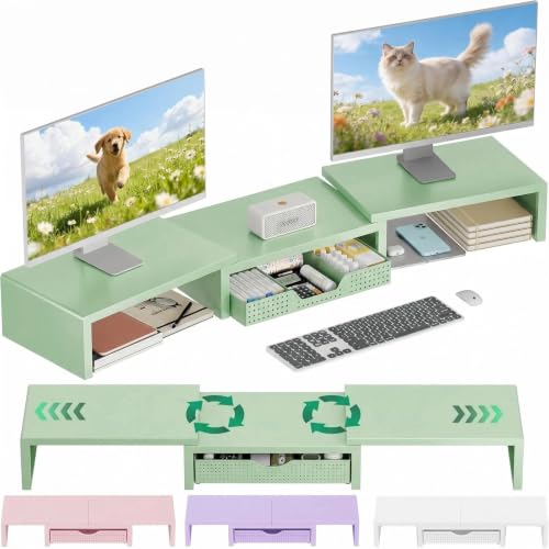 OPNICE Dual Computer Monitor Stand Riser, Desk Organizer with Drawer, Office Desk Accessories & Workspace Organizers for Home Office Supplies, Green - color: Green
