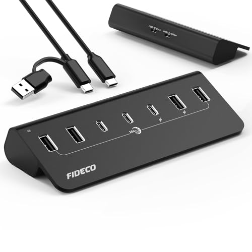 FIDECO Powered USB Hub, 7 Port 10Gbps Fast Data Hub for iPhone 16/15 and Laptop, Full Aluminum USB Splitter with 5V 3A Power Adapter, 4 USB A and 3 USB C Ports, Support BC1.2 Charging - color: Black