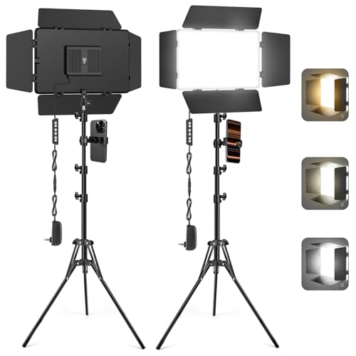 2 Pack LED Video Light with Barndoor, 20W Bi-Color LED Studio Lights Panel, 2500K-8500K Dimmable Photography Lighting Kit for Video Recording Shooting Live Streaming Podcast