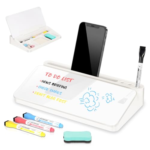 DOLLAR BOSS 12''x7'' Glass Desktop Whiteboard Small Dry Erase Board with Storage Drawer Computer Keyboard Stand Desk Organizer Office Accessories School Supplies with 4 Markers, White - color: White-white Box, size: 12''x7''