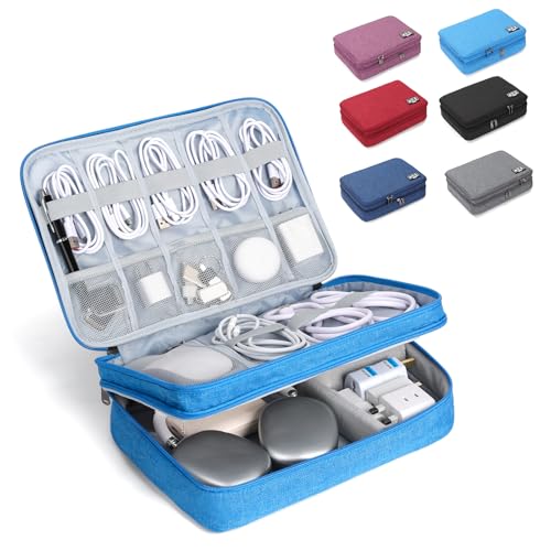 Large Electronic Organizer Travel Case, Double Layer Tech Accessories Bag with 3 DIY Adjustable Dividers, Waterproof Padded Cable Storage Pouch for Camera Gear, Power Bank, Hard Drive, Mouse - color: sky blue