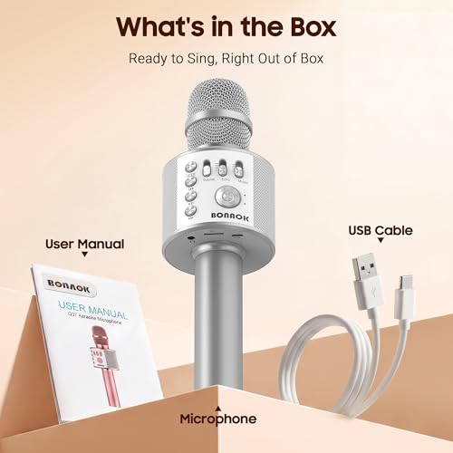 BONAOK Wireless Bluetooth Karaoke Microphone,3-in-1 Portable Handheld Mic Speaker for All Smartphones,Gifts for Kids Adults All Age Q37(Silver) - color: Silver