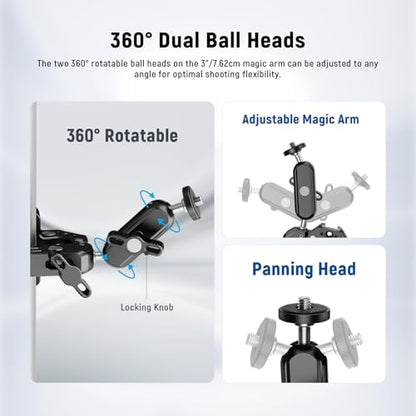 NEEWER Super Clamp with 3" Dual Ballhead Magic Arm, Camera Phone Clamp Mount with 1/4" 3/8" Threads, Cold Shoe, Phone Holder, Action Camera Adapter Compatible with GoPro DJI iPhone 16 15 Pro Max, ST88 - style: ST88