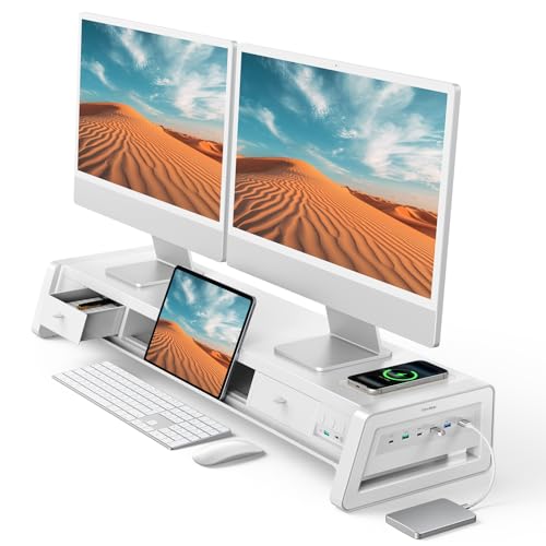 Vaydeer All-in-One Dual Monitor Stand Riser with 2 Drawers, 8USB Ports and Wireless Charging Pad with LED Light Strip for 2 Monitors , Desk Organizer for PC, iMac (Metal, 39.3 inches)-White - color: White