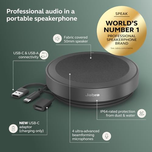 Jabra Speak2 75 (2025 Edition) Wireless Bluetooth Speakerphone - 4 Noise-Cancelling Mics, 65mm Speakers - New Linking Feature - USB-A & USB-C Adapter - Certified for Microsoft Teams - Dark Grey - size: Bluetooth Only, style: Teams Certified