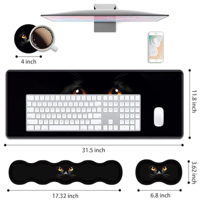 4 in 1 Ergonomic Keyboard Wrist Rest & Mouse Pad Wrist Rest Set, Large XXL Gaming Desk Mat 31.5"x 11.8" with Non-Slip Base, Memory Foam for Home Office Study Gaming, Black Cat Face - color: Black Cat Face