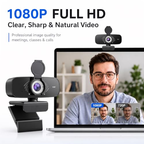 1080P Webcam with Microphone for PC, Full HD USB Computer Camera with Low Light Correction, Wide Angle Web Camera for Streaming, Zoom, Teams, Skype, Plug and Play Webcam for Laptop Desktop Mac