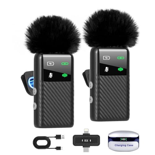 Wireless Mini Microphone for iPhone iPad Android Phone, Noise Reduction, 25H Battery Charging Case, Plug and Play Magnetic Clip on Lavalier Mics for Video Recording Podcast Vlogging