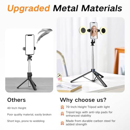 70” Phone Tripod & Selfie Stick with Light, Metal Tripod Holder with Wireless Remote,Portable Travel Selfie Stick Tripod for iPhone/Android and Gopro - color: Black-SL