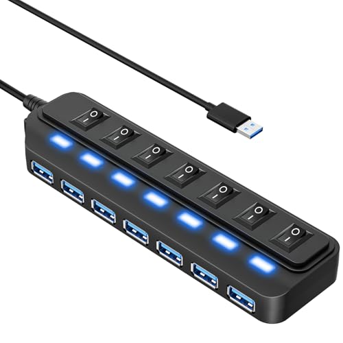 WIRWTRU USB Hub 7 Port,USB 3.0 Hub Splitter for Office,Home,School | Individual On/Off LED Switches, USB Hub for PC, 5Gbps HighSpeed Data for Laptop, Mac, PC, Desktop, PS5, Xbox