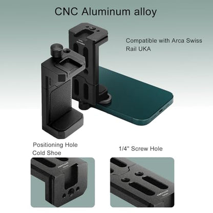 Aluminum Phone Tripod Mount with Cold Shoe & ARCA-Swiss Quick Release, Adjustable Smartphone Clamp with 1/4" Thread, Universal Phone Holder for iPhone 17/16/15/14/13, Samsung, Vlogging, Filming