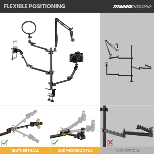 TARION Overhead Camera Desk Mount: 4-in-1 Heavy Duty Mount Set with 1 Mic Boom Stand + 3 Articulating Arms for DSLR Cameras Ring Light Monitor Laptop - Live Stream Stand TitanRig Desk - size: 4-in-1 Desk Set