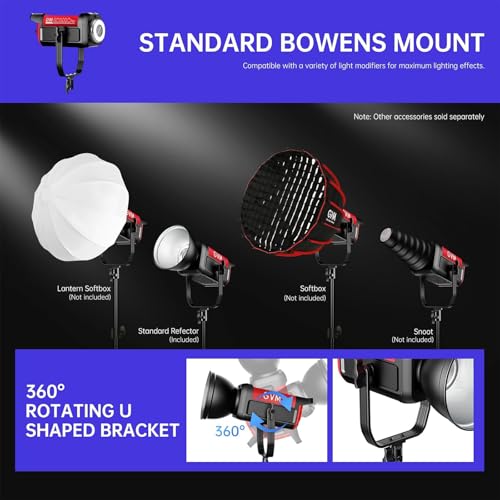 GVM 300C RGB Video Light, 300W Studio Light 2000K-10000K,48,200 Lux@ 1m with Reflector Photography Lighting with Bowens Mount & DMX Control, Studio Light for Film Recording,16 Lighting Effects - size: 300W