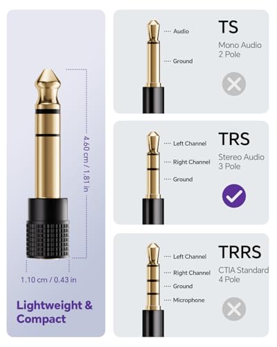 VCELINK 6.35mm 1/4 Male to 3.5mm 1/8 Female Audio Adapter, Gold-Plated TRS Stereo Jack, Solid Brass Housing, for Headphones, Guitar, Mixer, Amp, Keyboard, 2 Pack