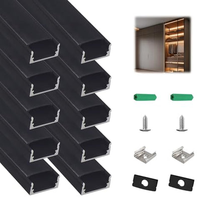 10-Pack 3.3ft/1m U-Shape LED Aluminum Channel with Black Cover, Black LED Strip Light Diffuser Track, Waterproof LED Profile for Under Cabinet, Stairs, Wardrobe, fits 12mm/0.5" Wide Strips - color: Black Aluminum + Black Cover, size: 3.3FT/10P/#048