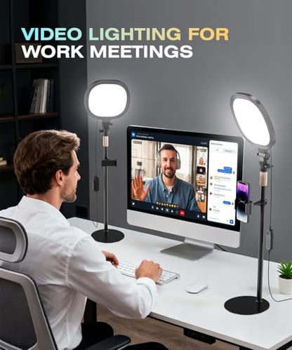 PQRQP 2 Packs Ring Light with Stand, Adjustable Desktop Lamp with Phone Mount, CRI 97+ Studio-Grade Video Conference Light for Video Calls, Home Office, TikTok Live & Vlog Filming (Nocturnal Black)