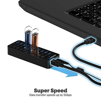 SABRENT 10-Port 60W USB 3.0 Hub with Individual Power Switches and LEDs, Includes 60W 12V/5A Power Adapter (HB-BU10) - size: 10-Port - 10 USB 3.0