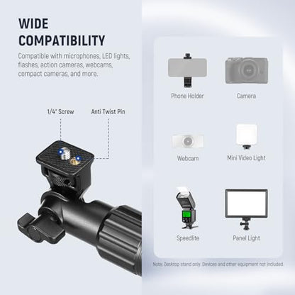 NEEWER Overhead Camera Mount with Phone Clip, 22"/56cm Clamp on Flexible Holding Arm for Desk Stand, 180° & 360° Adjustable Fits 0.87"-1.1" Tubes, 5.5lb/2.5kg Load for Camera LED Ring Light Mic, DS009 - style: DS009(2-Section)