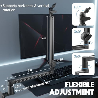 Low Profile Mic Arm, Microphone Boom Arm, Full Aluminum Adjustable Mic Stand with Desk Clamp, 360° Rotatable Heavy Duty Microphone Stand for Streaming, Podcasting, Recording