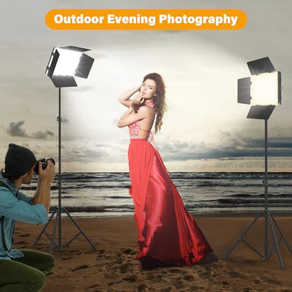 Unicucp 2 Pack Led Video Light Panel Light with Barndoor, 8000mAh Rechargeable Camera Light with 79'' Stand, Photo Studio Lighting kit for Video Recording Live Streaming Outdoor Indoor Photography