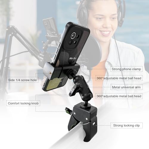 Clip Phone Holder for Desk,Pole,Pipe,Boom,Flat Surface with Adjustable Aluminium Arm Phone Clamp Mount for Mic Stand,Treadmill Compatible with All 4-7” Cell Phone (Short-Aluminium Arm Phone Holder) - style: 3.94" Aluminum Arm Phone Holder