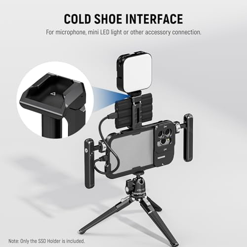 Neewer T5 T7 T9 SSD Holder Mount Bracket for iPhone 16 15 Pro Max Phone Cage PA023 PA024, 2.2"-3"/55-75mm SSD Clamp Compatible with Samsung with 1/4" Screw Anti Twist Bevel Edge, Cold Shoe, UA051 - style: UA051